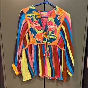 Anthropologie Multicolor Striped Blouse with Embroidered Details